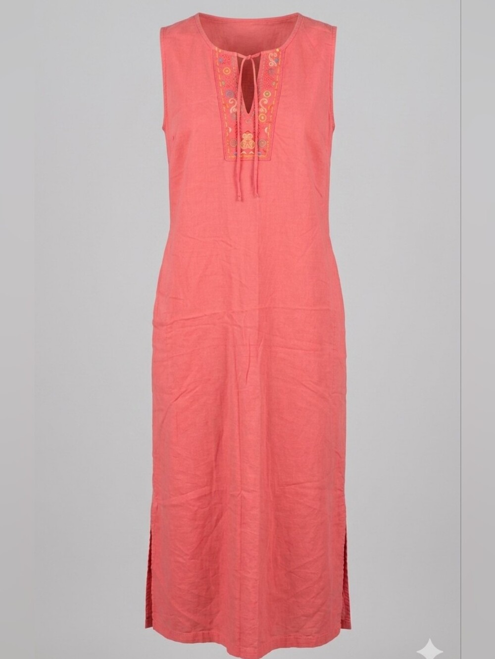 White Stag XL 16/18 Coral Sunset Linen Cotton Embroidered Maxi Dress Pockets